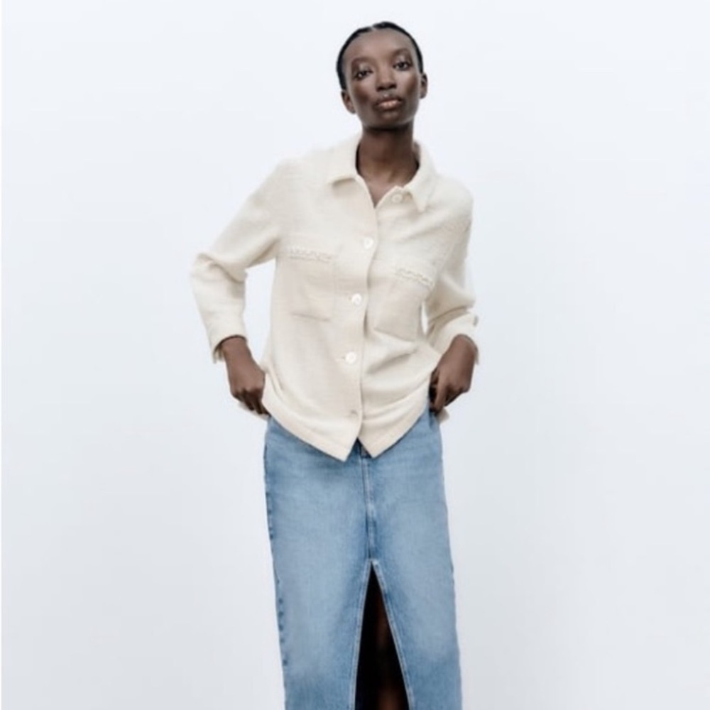 Zara Ivory Textured Blazer with Pearl Details